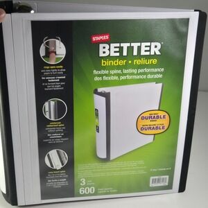 Staples Better Binder 3 Inch Ring‎ White Black Flexible Spine 600 Sheet Capacity